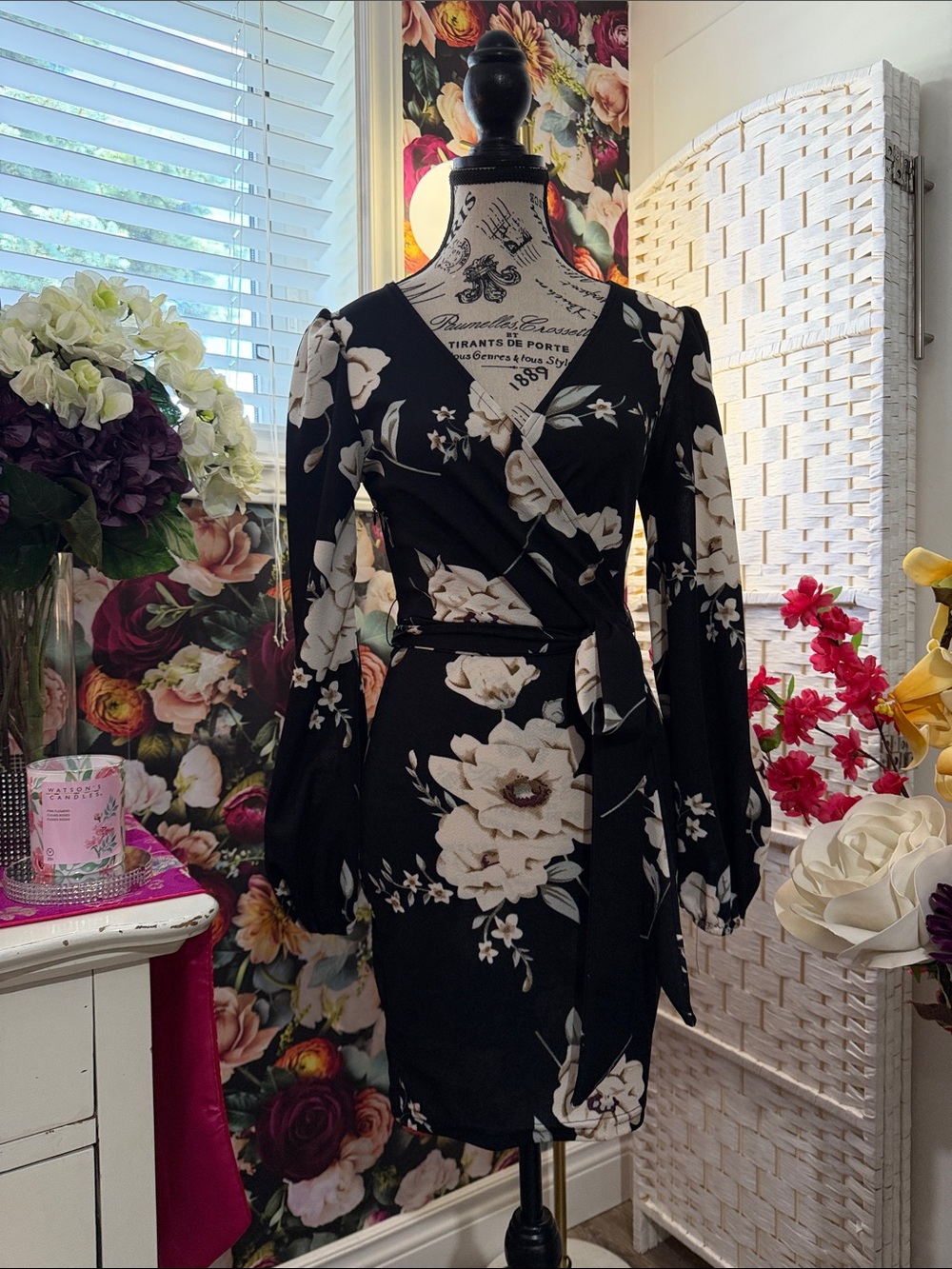Black Floral Long-Sleeve Wrap Dress with Cream Blooms